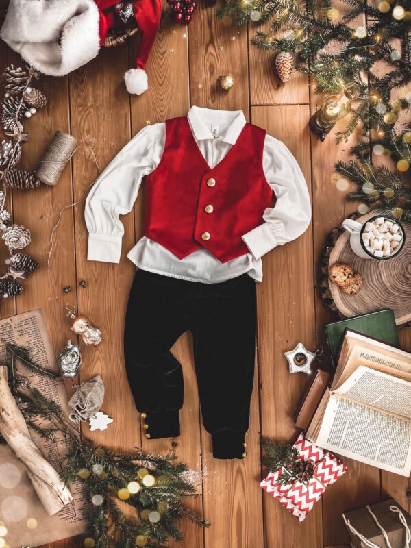 Карнавальный костюм из красной бархатной жилетки, рубашки с манжетами, праздничные черные штаны из бархата, рождественский колпак для новогодняя фотосессия